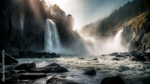 Waterfall  with cascading water and misty spray.