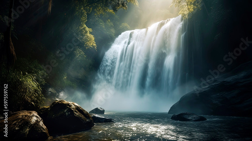 Waterfall  with cascading water and misty spray.
