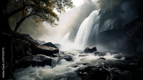 Waterfall  with cascading water and misty spray.