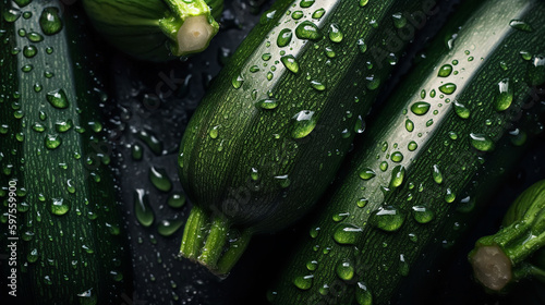 Fresh Zucchini background  adorned with glistening droplets of water