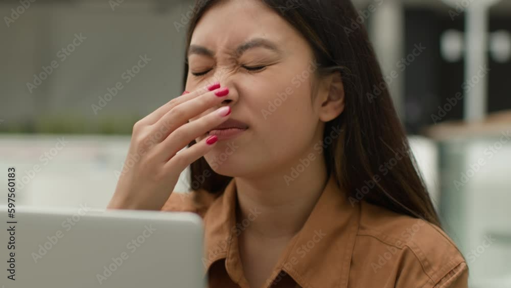 Overworked Asian woman girl working laptop in cafe suffer eyestrain tired chinese businesswoman freelancer overload with computer work rub eyes pain discomfort exhaustion blurry vision bad eyesight Overworked Asian woman girl working laptop in cafe suffer eyestrain tired chinese businesswoman freelancer overload with computer work rub eyes pain discomfort exhaustion blurry vision bad eyesight
