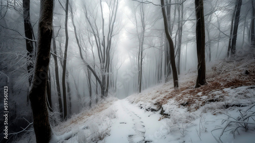Snowy forest with tall, thin trees and a winding path leading deeper into the woods. © Melipo-Art