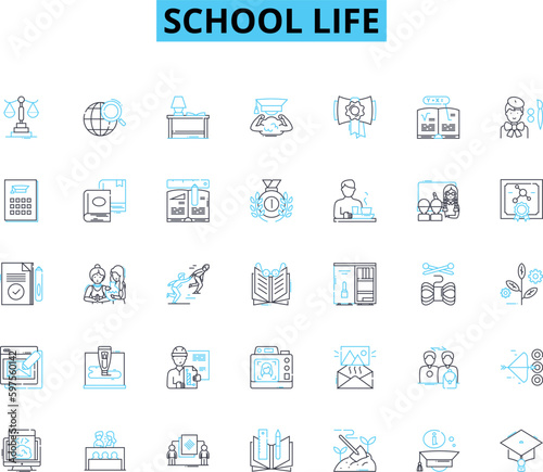 School life linear icons set. Education , Homework , Exams , Friends , Teachers , Textbooks , Lunchtime line vector and concept signs. Sports ,Lockers ,Recess outline illustrations Generative AI