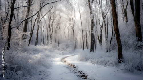 Snowy forest with tall, thin trees and a winding path leading deeper into the woods.