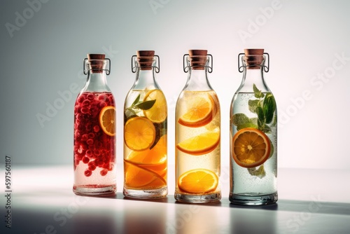 Still Life Photography - Refreshing Drinks in Flasks on White Background for Invitations and Posters - Generative AI