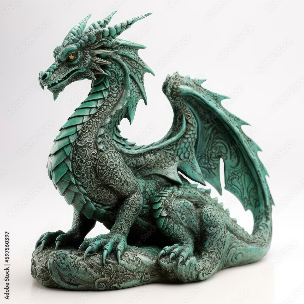 Fototapeta premium Carved green wooden dragon isolated on white background. Symbol of 2024. Chinese New Year. Detailed dragon figurine or statuette. High resolution. Generative AI, human enhanced