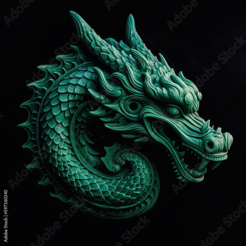 Head of carved green wooden dragon isolated on black background. Symbol of 2024. Chinese New Year. Detailed dragon figurine or statuette or brooch. High resolution. Generative AI  human enhanced
