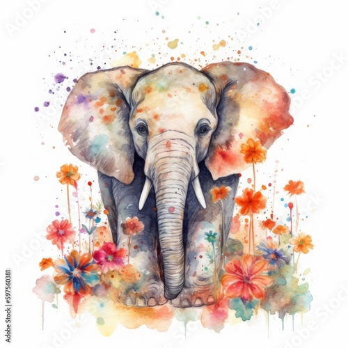 Adorable Baby Elephant in a Colorful Flower Field - Watercolor Painting - Ideal for Nursery Decor and Greeting Cards - Generative AI