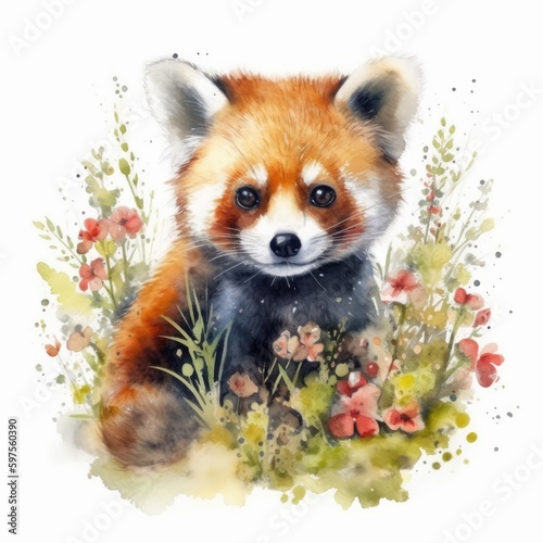 Adorable Baby Red Panda in a Colorful Flower Field - Watercolor Painting - Wall Art and Home Decor - Generative AI