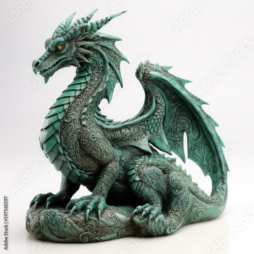 Carved green wooden dragon isolated on white background. Symbol of 2024. Chinese New Year. Detailed dragon figurine or statuette. High resolution. Generative AI  human enhanced