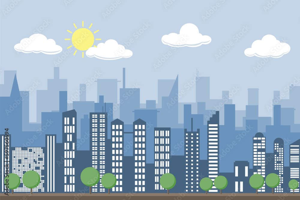 Random blue city skyline Vector on light background, with trees in the front. During the day with clouds and the sun.