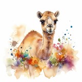 Watercolor Painting of a Colorful Flower Field with a Sweet Baby Camel - Animal Art - Ideal for Greeting Cards and Art Prints - Generative AI