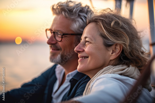 Happy senior couple in love enjoying a romantic sunset on yacht in the sea, AI Generative © tilialucida