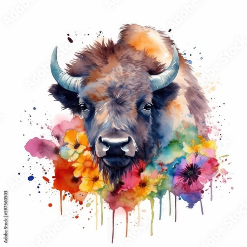 Wildlife Art - Watercolor Painting of Adorable Baby Buffalo in a Colorful Flower Field Ideal for Art Prints and Greeting Cards - Generative AI
