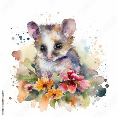 Adorable Baby Possum in a Colorful Flower Field - Watercolor Painting - Ideal for Nursery Decor and Greeting Cards - Generative AI