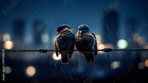 Pair of lovebirds sitting on a wire, with a city skyline and a starry night sky in the background.