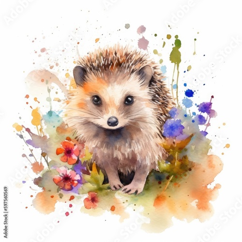 Adorable Baby Hedgehog in a Colorful Flower Field - Watercolor Painting - Ideal for Nursery Decor and Greeting Cards - Generative AI