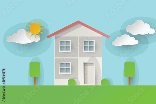 Front view of a two-story House on the grass with garden for Icon, Infographic design. Vector paper style