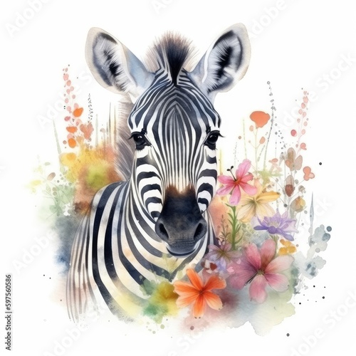 Watercolor Sweet Baby Zebra in Colorful Flower Field - Animal Art  Nursery Decor - Generative AI