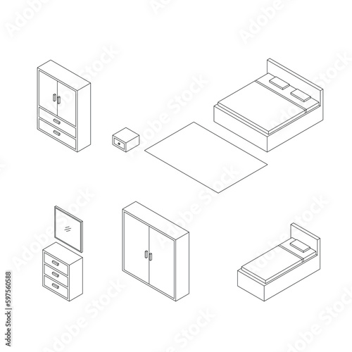 Set of Bedroom Furniture, Outline Isometric Drawing Vector.