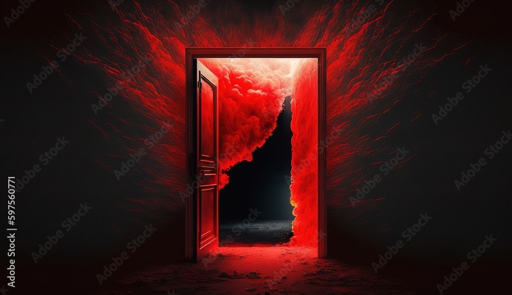 Mystical light from dark room open double door, abstract glowing exit, background, open door template