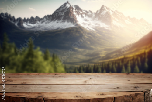 Outdoor wooden table on blur natural mountain landscape background. Flawless