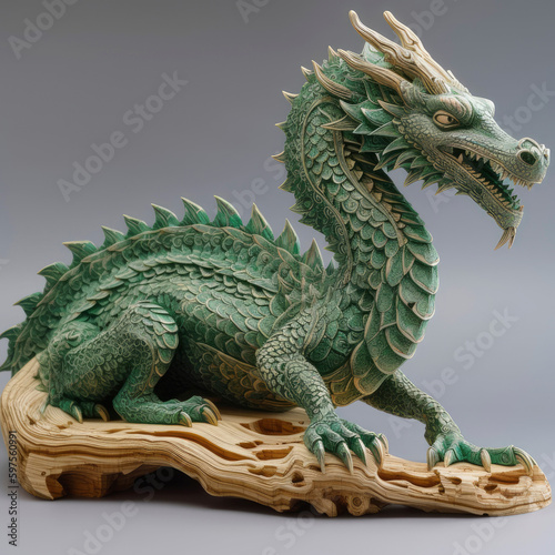 Carved green wooden dragon isolated on grey background. Symbol of 2024. Chinese New Year. Detailed dragon figurine or statuette. High resolution. Generative AI  human enhanced