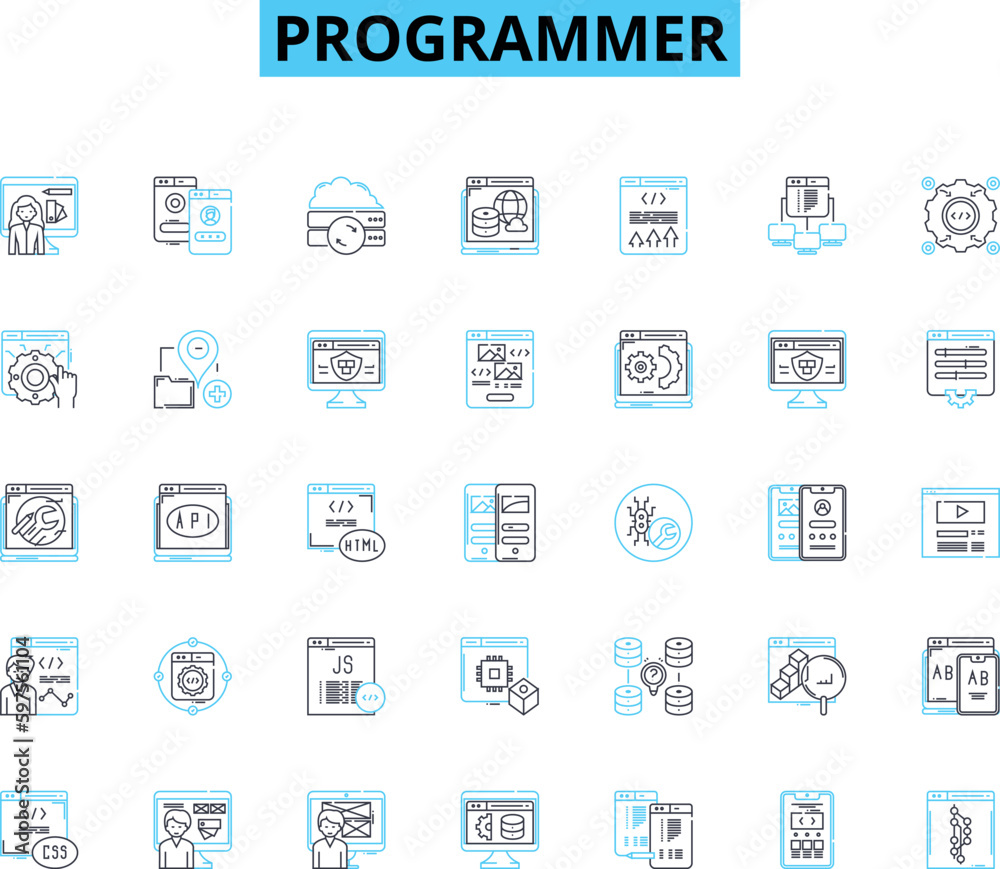 Programmer linear icons set. Coding, Debugging, Algorithms, Syntax, Variables, Loops, Logic line vector and concept signs. Functions,Programming,Software outline illustrations Generative AI