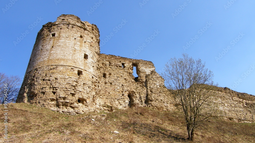 Historical monument. View of the stone walls and towers of the ancient fortress of Koporye. Leningrad region, Russia.