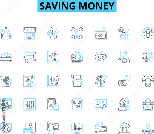 Saving money linear icons set. Frugality, Budgeting, Thriftiness, Discounts, Coupons, Bargains, Economy line vector and concept signs. Cutbacks,Inexpensive,Saver outline illustrations Generative AI