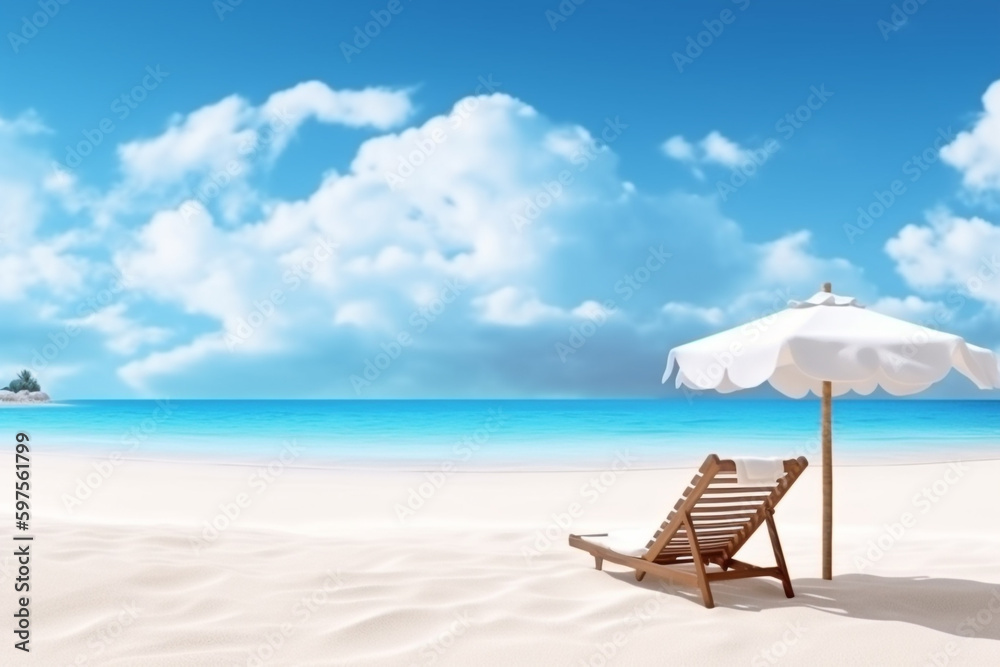 Travel and vacation concept. Beautiful beach with sunbed and umbrella in calm and beautiful sea or ocean landscape background. Copy space. Generative AI