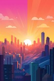 city, sunrise, skyscraper, Flat anime style, Generative AI