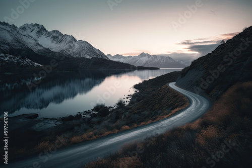 sunset over the lake with a road next to it - made with generative ai