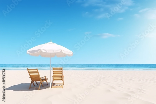 Travel and vacation concept. Beautiful beach with sunbed and umbrella in calm and beautiful sea or ocean landscape background. Copy space. Generative AI