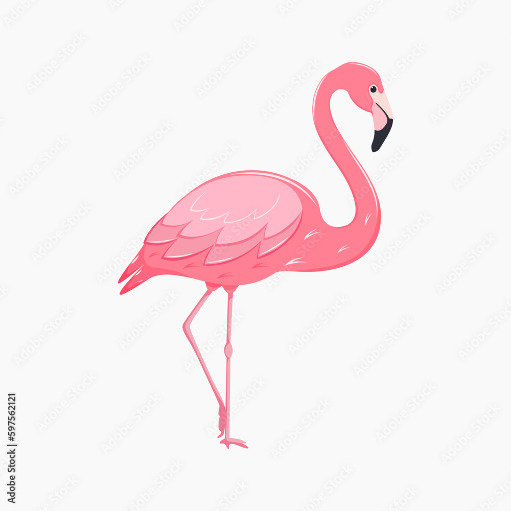 Fototapeta premium Pink flamingo. Exotic tropical bird. Cute cartoon character. Decoration element.Vector illustration