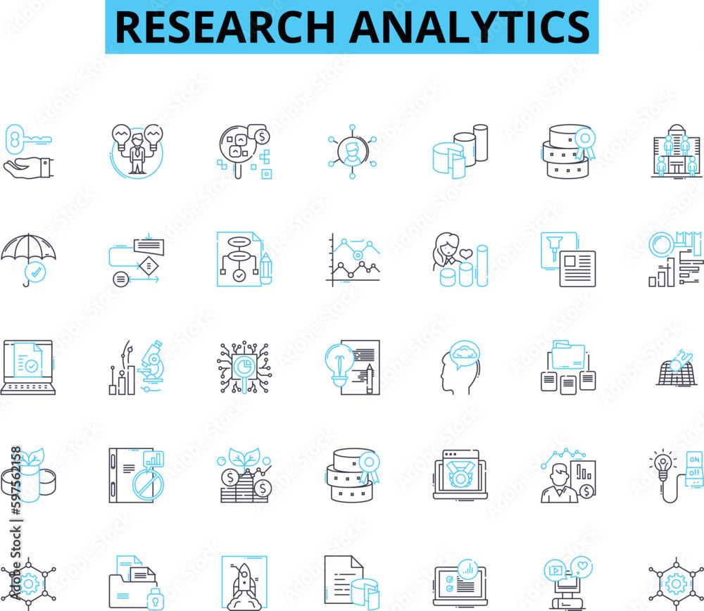 Research analytics linear icons set. Insights, Analytics, Data, Tools, Analysis, Metrics, Research line vector and concept signs. Trends,Key performance indicators (KPIs),Statistics Generative AI