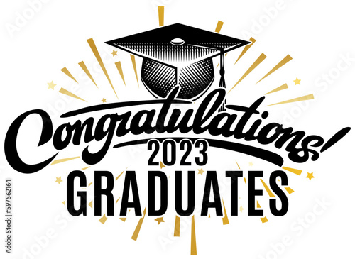 Solemn congratulations with calligraphic inscription and student hat. Elements or template for design on the occasion of graduation celebration in 2023