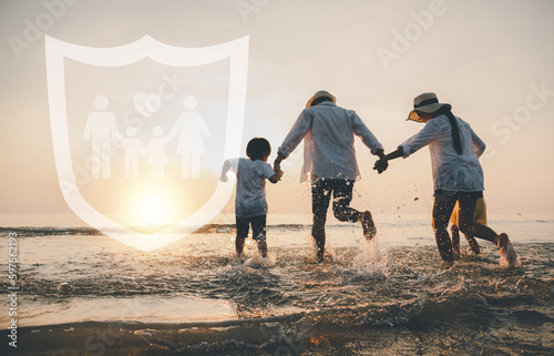 insurance, life, life assurance, investment, savings, family, parent, children, beach, sea. insurance and life assurance is future investment savings account. family parent children walking at beach.
