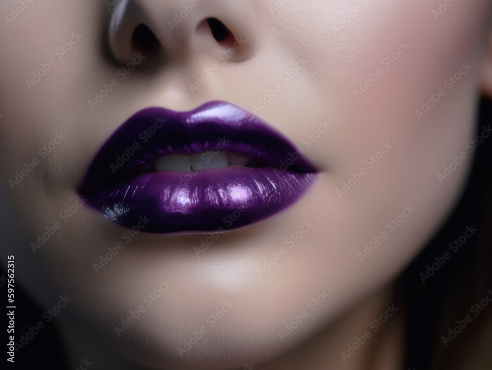 Obraz premium Glamorous fashion makeup with bright purple lip gloss with gloss. Macro of the female part of the face. glossy lip makeup, gorgeous lady. Generative Ai