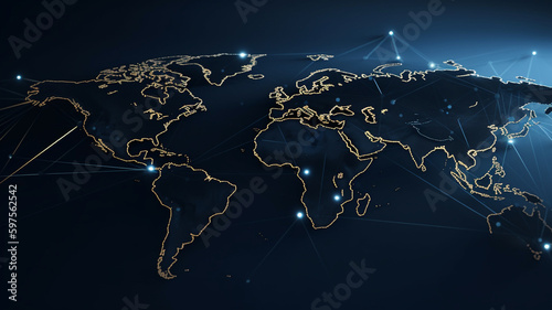 Earth from above with connection mesh data lines in blue, orange and black