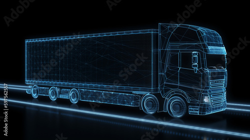 Digital European truck in mesh data design on highway, black and blue
