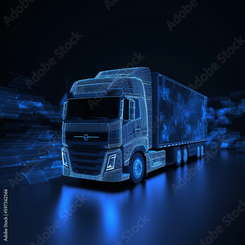 Digital European truck in mesh data design on highway, black and blue