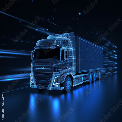 Digital European truck in mesh data design on highway, black and blue