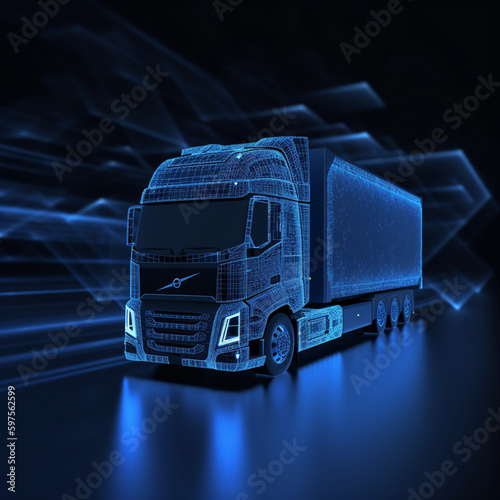 Digital European truck in mesh data design on highway, black and blue