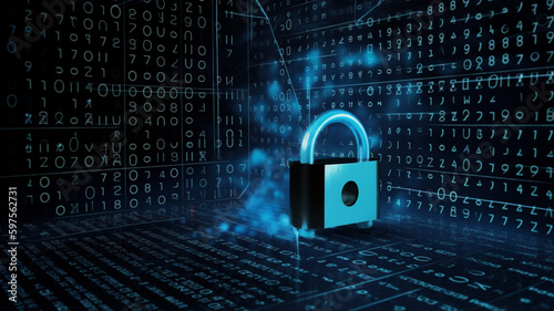 Cyber security concept. Lock symbol in front of data mesh in blue and black