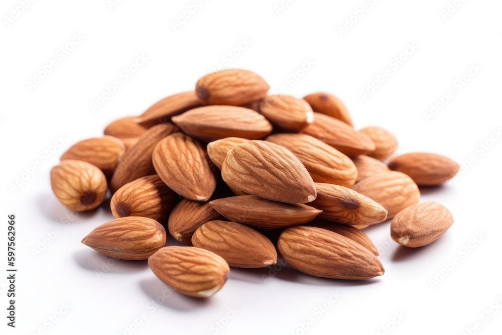 Almonds On A White Background. Generative AI Almonds On A White Background. Generative AI