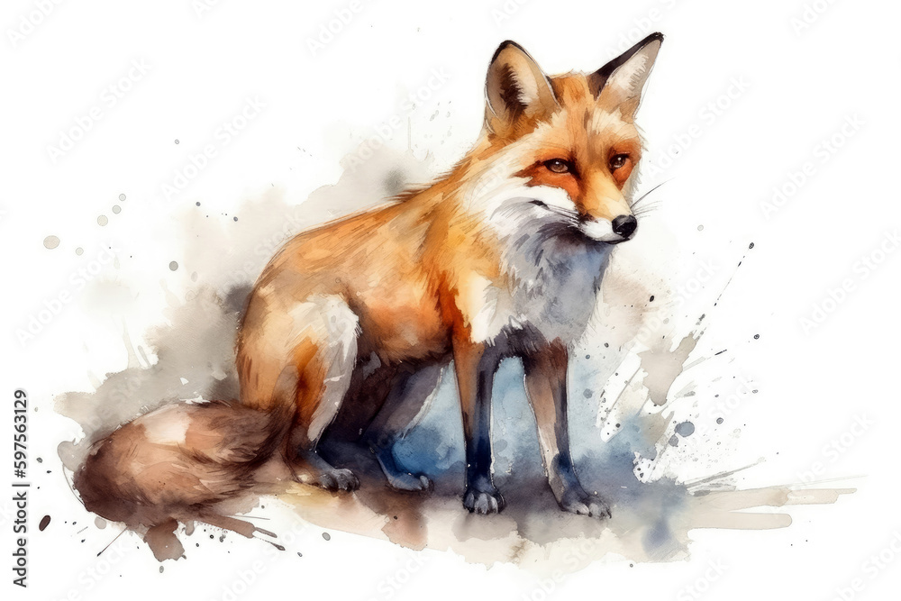 Obraz premium Beautiful Watercolor Drawing Fox On A White Background, Minimalist Style. Generative AI