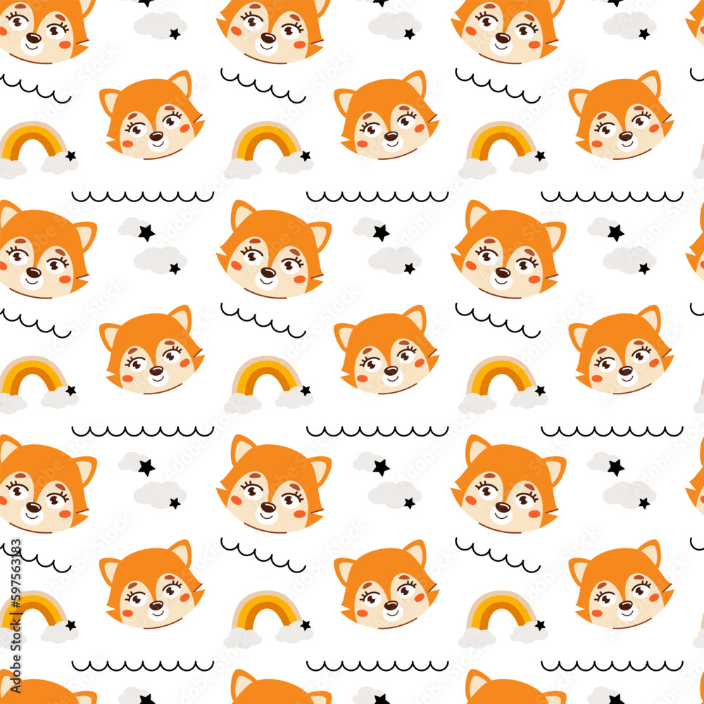 Cute kids seamless animal pattern. Lion cub pattern in the clouds. Print on fabric, paper and design. Vector illustration Cute kids seamless animal pattern. Lion cub pattern in the clouds. Print on fabric, paper and design. Vector illustration