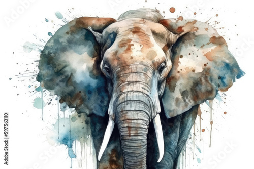 Beautiful Watercolor Drawing Elephant On A White Background  Minimalist Style. Generative AI