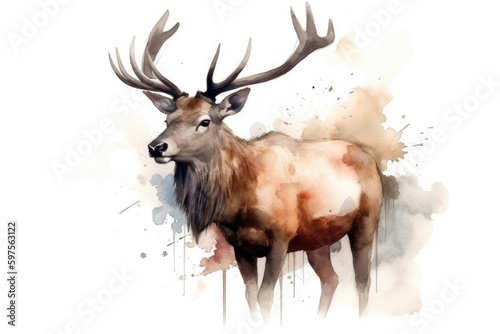 Beautiful Watercolor Drawing Elk On A White Background, Minimalist Style. Generative AI © Anastasiia